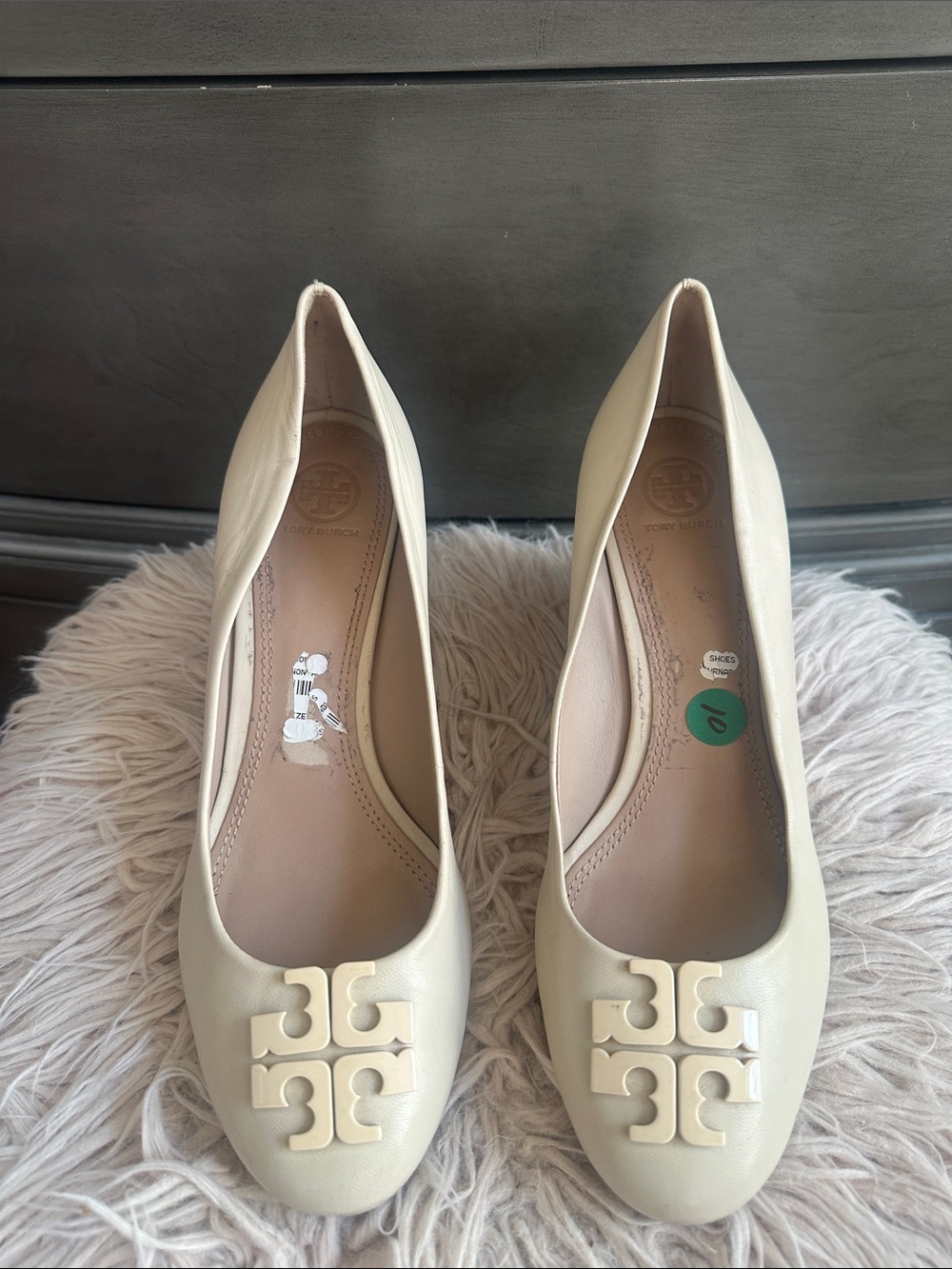 Tory Burch Cream Leather Wedge Pumps
